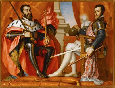Karl V ja hänen poikansa Philipp II ... (maalaus kankaalle) tekijältä Spanish School