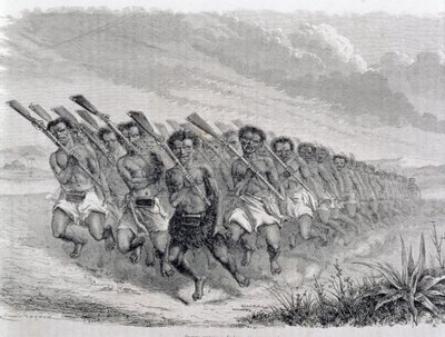 Maorisoturit sotatanssia esittämässä, kuvitus teoksesta "Paluu maailmaan" (kaiverrus) tekijältä Spanish School