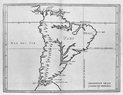 Kartta Meridionale Americasta (Etelä-Amerikka tai Latinalainen Amerikka) espanjalaisesta matkakokoelmasta 1600-luvun alusta. Tyyntä valtamerta kutsutaan Etelämereksi ja Perun ja Brasilian maita sekä Päiväntasaajan linjaa ja tekijältä Spanish School