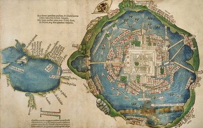 Tenochtitlanin ja Meksikonlahden kartta, Praeclara Ferdinadi Cortesii de Nova maris Oceani Hyspania Narratio, kirjoittanut Hernando Cortes (1485-1547) 1524 tekijältä Spanish School
