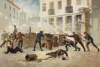 Valencian kansallisen miliisin jäsenet kieltäytyivät aseistariisunnasta, Espanja, 1873 tekijältä Spanish School