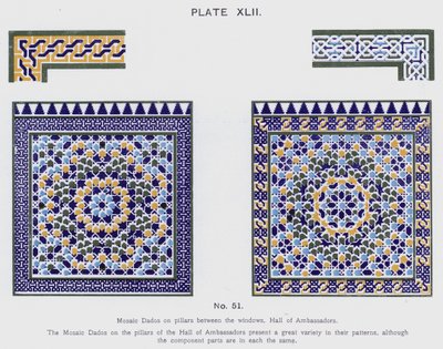 Mosaiikki-dadot pilareissa ikkunoiden välissä, Suurlähettiläshalli (väri litho) tekijältä Spanish School