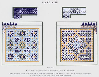 Mosaiikki-dadot pilareissa ikkunoiden välissä, Suurlähettiläshalli (väri litho) tekijältä Spanish School