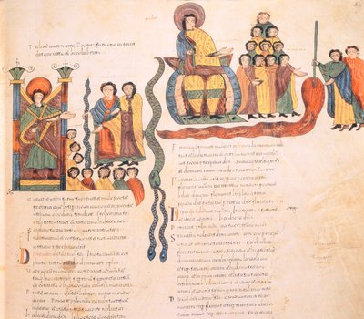 Mooses ja Aaron faraon edessä, Mooses käärmeen kanssa ja loi yhden Egyptin vitsauksista muuntamalla sauvansa kanssa Niilin vedet vereksi visigootti-mosarabialaisen Raamatun mukaan tekijältä Spanish School