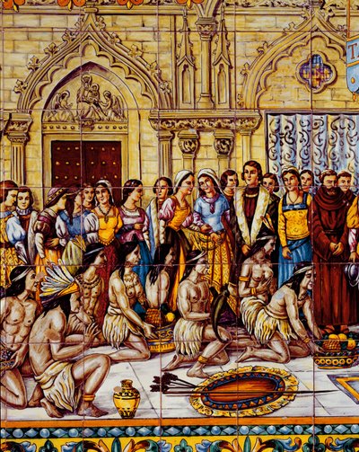 Alkuperäisamerikkalaiset toivat Kolumbuksen seuran Espanjaan vuonna 1492 (keraaminen) tekijältä Spanish School
