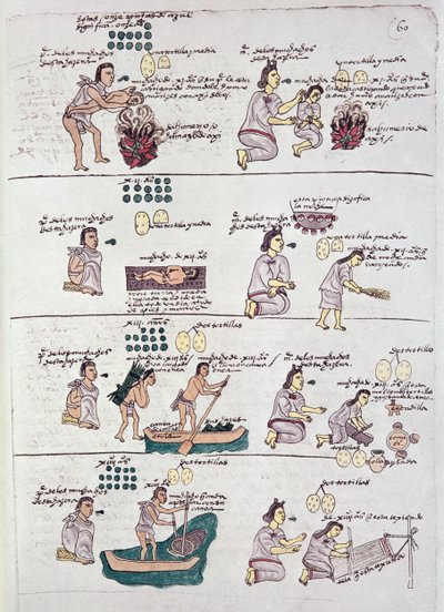Sivu Codex Mendozasta, joka näyttää kurinalaisuuden ja lapsille osoitetut askareet, Meksiko, n. 1541-42 tekijältä Spanish School
