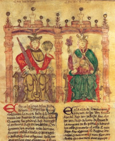 Pelagius (685-737), Asturian kuningaskunnan perustaja ja hänen pojanpoikansa Fruela I (722-68) (pigmentti vellum- tekijältä Spanish School