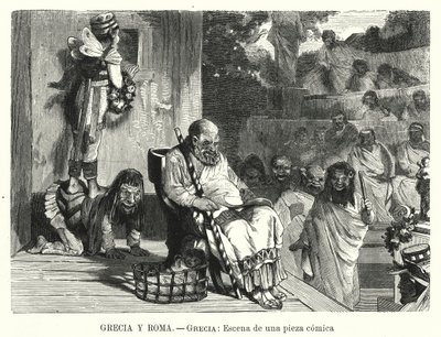 Komedian esitys antiikin Kreikan teatterissa (litho) tekijältä Spanish School
