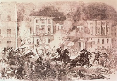 Populistiset kansannousut Madridissa, mellakoittajat yrittävät sytyttää tuleen kuningatar Maria Christinan palatsiin vuonna 1854 (litho) tekijältä Spanish School