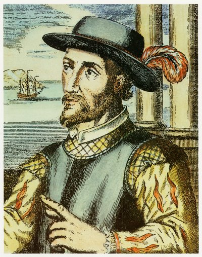Juan Ponce de Leonin (1474 – 1521) muotokuva (käsinvärinen kaiverrus). tekijältä Spanish School