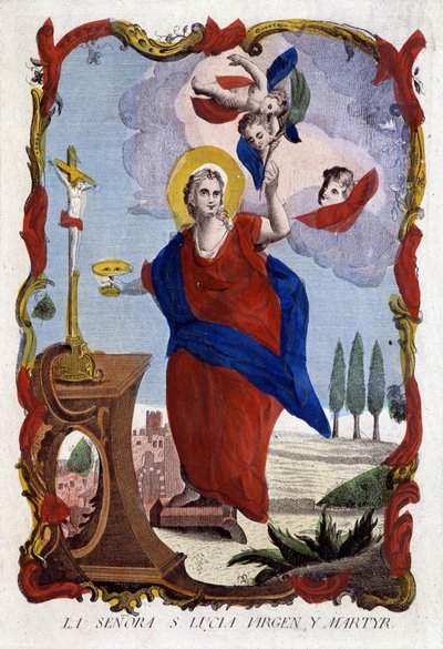 Saint Lucian muotokuva (silmät tasaisella ja marttyyrin kämmenellä) - espanjalainen kaiverrus tekijältä Spanish School