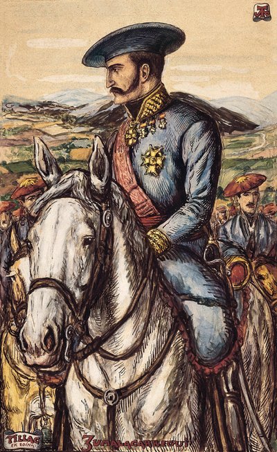 Muotokuva Tomas Zumalacarreguista (1788-1835), karlistiarmeijan sotilasjäsen ensimmäisen sodan aikana (1833-1840) (litografia) tekijältä Spanish School