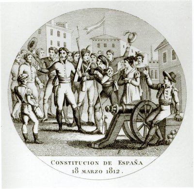 Patrioottien julistus liberaalista perustuslaista 18. maaliskuuta 1812, jonka Cortes julisti Cadizissa tekijältä Spanish School