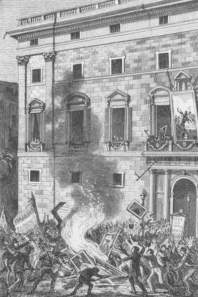 Barcelonan asukkaat polttamassa Bourbonien muotokuvia, 1868 (kaiverrus). tekijältä Spanish School