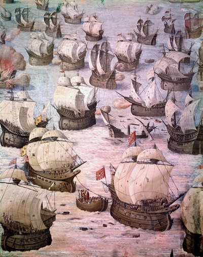 Espanjalaisten galleonien regatta matkalla Acoresiin vuonna 1582 Espanjan kuninkaan Philip II:n (1527-1598) johdolla. 1500-luvun fresko. Taisteluhalli, Escorialin palatsi, Madrid. tekijältä Spanish School