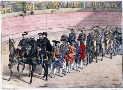 Kvadrillin julkaisu, corrida Espanjassa, litografia sd. 1800-luvulla tekijältä Spanish School