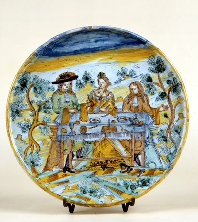 Ulkojuhlaesitys Talavera de la reinan (Espanja) keraamisella lautasella. 1500-luvun alku. Milano, Museo del Castello. tekijältä Spanish School