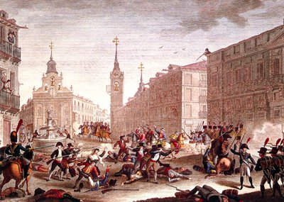 Napoleonin joukkojen vastaiset mellakat Madridissa toukokuussa 1808 (värikaiverrus). tekijältä Spanish School