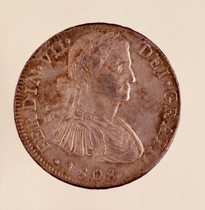 Hopeakolikko (8 realia) Espanjasta: Ferdinand VII:n (Ferdinandon) hallituskausi (1808-1833). 1808 Halk. 3,9 cm Napoli, museo archeologico tekijältä Spanish School