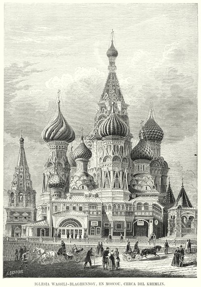 Pyhän Vasilin katedraali, Punainen tori, Moskova, Venäjä (litho) tekijältä Spanish School