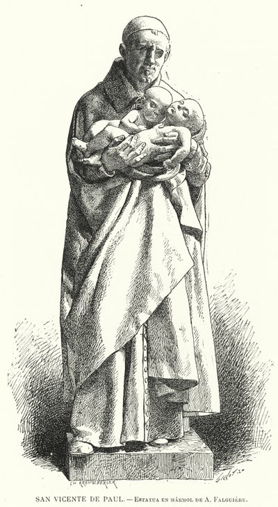 St Vincent de Paul, ranskalainen katolinen pappi, Jean Alexandre Joseph Falguieren marmoripatsas (litho) tekijältä Spanish School