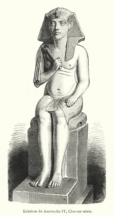 Muinaisen Egyptin faaraon Amenhotep IV:n (Akhenaten) patsas (litho) tekijältä Spanish School