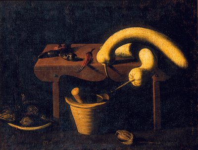 Asetelma paprika- ja kurpitsapenkillä huhmareella ja survimella ja kuolleita lintuja, n. 1620 (öljy kankaalle) tekijältä Spanish School