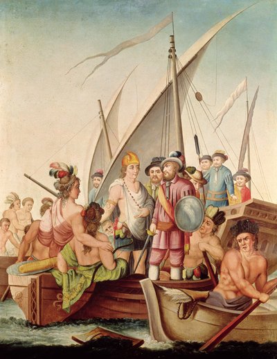 Hernando Cortesin (1485-1547) saapuminen Meksikoon tekijältä Spanish School