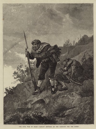 Sisällissota Espanjassa, Carlist Sentries on the Look-out the Enemy (kaiverrus) tekijältä Spanish School
