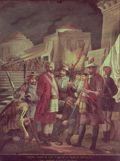 Meksikon valloitus: Hernando Cortes (1485-1547) hyökkää yöllä Panfilo Narvaezin piiriin (öljy kankaalle) tekijältä Spanish School