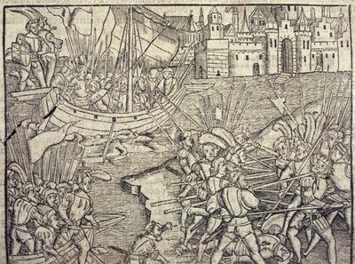Perun valloitus, kuvitus Francisco Lopez de Gomaran (s.1510) teoksesta "Intian ja uuden maailman yleinen historia", 1554 (kaiverrus) tekijältä Spanish School