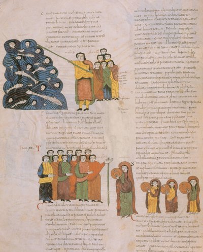Punaisen meren ylitys ja heprealaisten naisten tanssi Mooseksen ja hänen säestäjiensä tamburiinien soidessa, Visigootti-Mozarabilainen Pyhän Isidoreksen Raamattu, Fol.39., A.D. 960 (tem) tekijältä Spanish School
