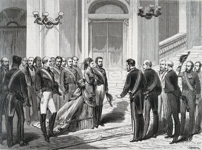 Espanjan kuningas Amedee I (Amedeo Ferdinando Maria di Savoia) (1845-1890) ja hänen vaimonsa kuningatar Maria Victory dal Pozzo della Cisterna (1847-1876) saapuessaan Madridin kuninkaalliseen palatsiin 19.3.1871. Kaiverrus "" La Ilustracion Espanola y Amer tekijältä Spanish School