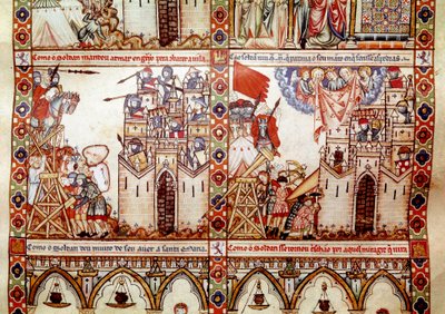 Saraseenit piirittivät kristittyä kaupunkia Yksityiskohta yhdeltä sivulta, joka on otettu Pyhän Marian laulun (Cantigas de Santa Maria) käsikirjoituksesta, koristelemalla pyhälle Marialle ja hänen ihmeilleen omistettuja miniatyyrejä, kokoelma lauluja, jotk tekijältä Spanish School