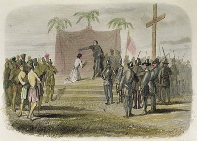 Magellan-retkikunnan jäsenet kastivat Cebun saaren kuninkaan ja viisisataa muuta intiaania 14. huhtikuuta tekijältä Spanish School