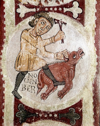 Kuukausien kierto: marraskuu (sika teurastettu). Yksityiskohta 1100-luvun freskosta San Isidoron Real Colegiata (Royal Collegiale of Saint Isidore) kuninkaallisesta panteonista. Leon. Espanja tekijältä Spanish School