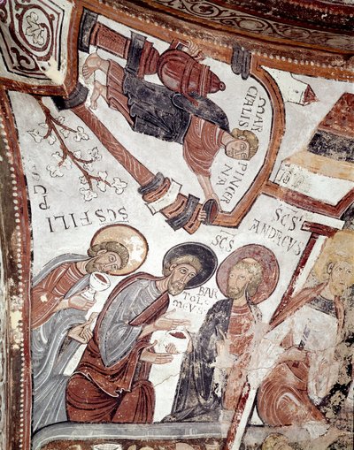 Kuukausien kierto: palvelija tarjoaa juotavaa apostoleille (Saint Andre, Saint Barthelemy ja Saint Philip). Yksityiskohta 1100-luvun freskosta San Isidoron Real Colegiata (Royal Collegiale of Saint Isidore) kuninkaallisesta panteonista. Leon. Spai tekijältä Spanish School