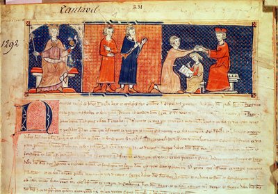 Feodaaliherra saarnaamassa saarnaansa Mallorcan kuninkaalle James I:lle (1207-76) Capbreu de Clayra et de Millasista, 1292 tekijältä Spanish School