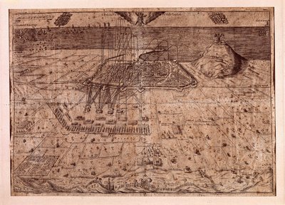 Katalonian nostaminen tai viikatemiessota (1640-1659), Barcelonan päämaja meritse ja maalla Espanjalaisen Filip IV:n (1605-1665) joukkojen toimesta. Kaiverrus 1652. Kaupungin historiallinen museo, Barcelona. tekijältä Spanish School