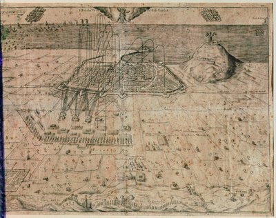 Barcelonan kaupungin piiritys kuningas Filip IV:n joukkojen toimesta Viikatemiessodan aikana 1640-1652 (kaiverrus) tekijältä Spanish School