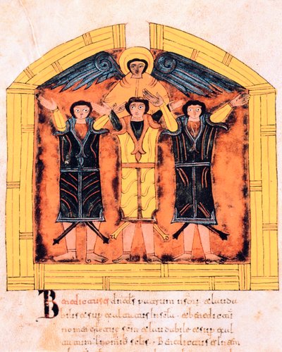 Kolme heprealaista, Sadrak, Mesak ja Abed-nego, jotka Nebukadnessarin uuniin heitti, fol.318v, visigoottilais-mozarabialainen Pyhän Isidoren Raamatun 960 jKr. (tempera vellum) tekijältä Spanish School
