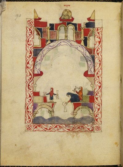 Kolme naista upottamassa astioita altaaseen. Valaistu käsikirjoitus espanjalais-moreskista Haggadah, n. 1300, Espanja, Or. 2737, fol. 90 (vellum) tekijältä Spanish School