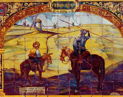 Laatat, jotka kuvaavat Don Quijotea ja Sancho Panzaa valmistautumassa hyökkäämään tuulimyllyjä vastaan (keraamiset) tekijältä Spanish School