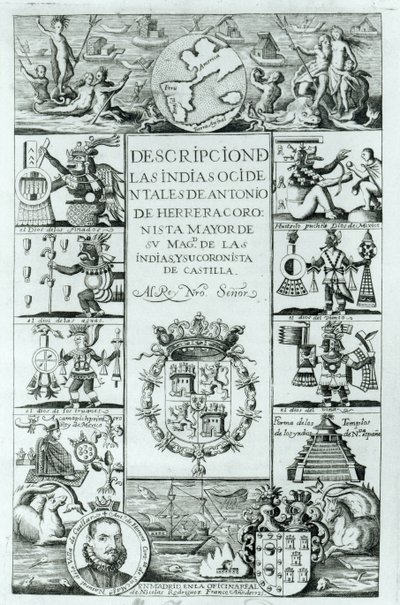Antonio de Herrera y Tordesillasin kuvauksen Länsi-Intian nimisivu, Madrid-painos, 1725 tekijältä Spanish School