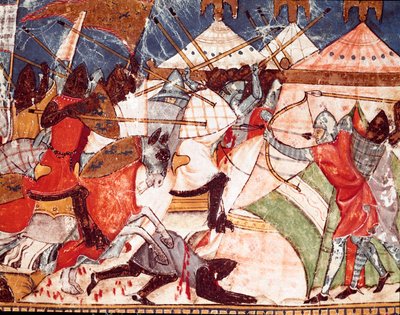 Troijan sota: Troijalaiset tunkeutuvat kreikkalaisten sotilaiden leiriin. Yksityiskohta pienoiskoosta espanjalaisesta käsikirjoituksesta "Codex Benito de Santa Mora" tekijältä Spanish School
