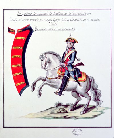 Havannan ratsuväkirykmentin vapaaehtoisten univormu, 1763 (painettu) tekijältä Spanish School
