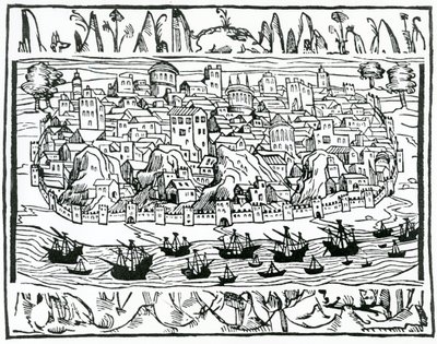 Näkymä Lissabonista Pedro Medinan kirjoittamasta Libro de Grandezas y cosas Memoralder de Espana -teoksesta, 1548 tekijältä Spanish School