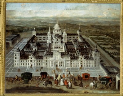 Näkymä Philip II:n 1500-luvulla rakentamasta Escorial-palatsista Espanjassa. Anonyymi espanjalainen maalaus 1600-luvulta. Öljy kankaalle. Mitat: 1,89 x 2,41 m. tekijältä Spanish School
