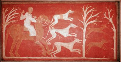 metsästyskohtaus, joka kuvaa koiria juoksemassa pelin perään. 1150. Fresko Baudelio de Berlangan Eremitaasta Soriassa. Säilytä Prado-museossa. tekijältä Spanish School