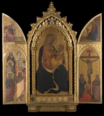 Ristiinnaulitseminen Neitsyt Marian ilmestyksen kanssa tekijältä Spinello Aretino